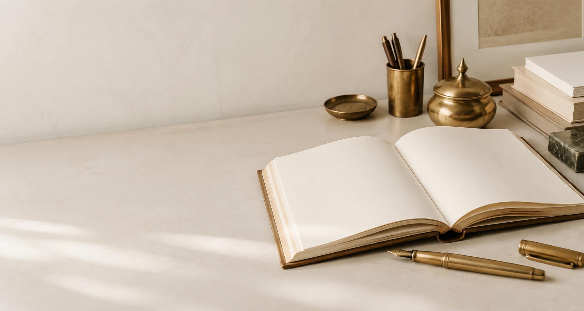An open manuscript, fountain pen and books on a warm ivory writing desk